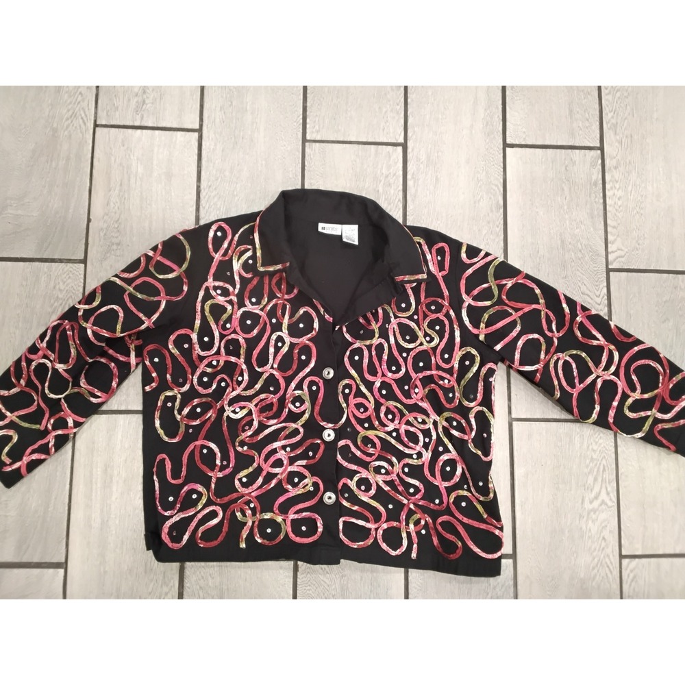 Units Woman Black Cotton Ribbon Applique Sequin Button Up Shirt Jacket Plus 1X